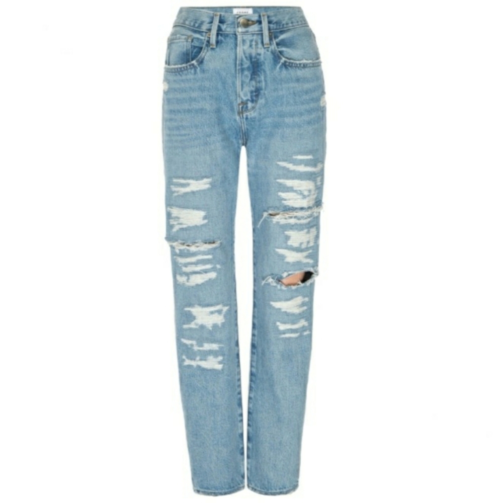 FRAME Distressed and Ripped High Waist Straight Leg Jeans